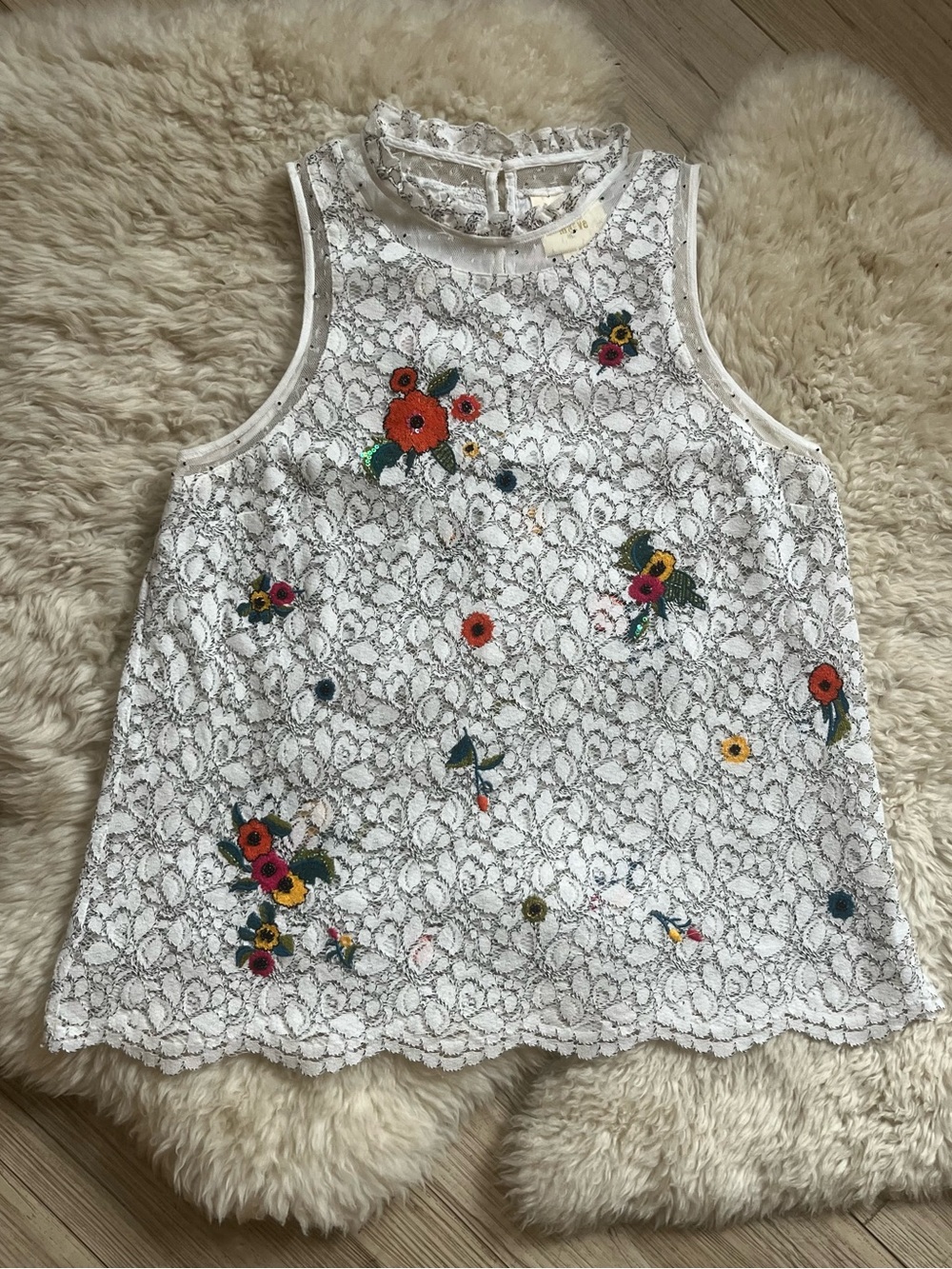 Maeve White Lace Sleeveless Top with Multicolor Floral Embroidery